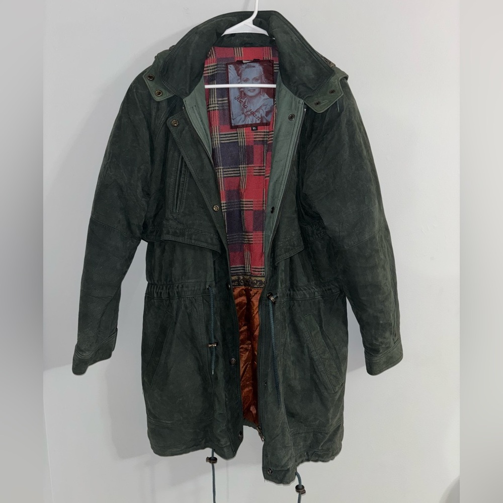 Vintage Olive Green Leather Utility Parka Jacket | Plaid Lined | XL 💚